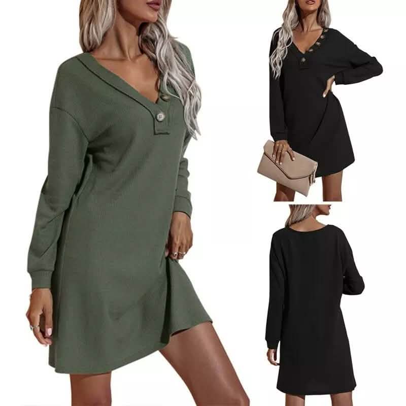 Women's Casual Dresses V-Neck Buttoned Hip Knitted Dresses Women's Dresses - Tophatter Daily Deals