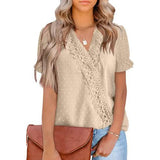 Women's Casual Lace Pom Pom V Neck Chiffon Short Sleeve Top Apricot Women's Tops - Tophatter Daily Deals