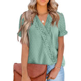 Women's Casual Lace Pom Pom V Neck Chiffon Short Sleeve Top Aqua Women's Tops - Tophatter Daily Deals