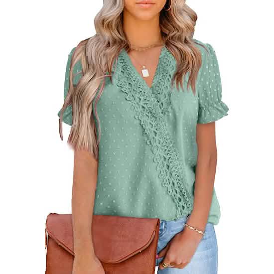 Women's Casual Lace Pom Pom V Neck Chiffon Short Sleeve Top Aqua Women's Tops - Tophatter Daily Deals
