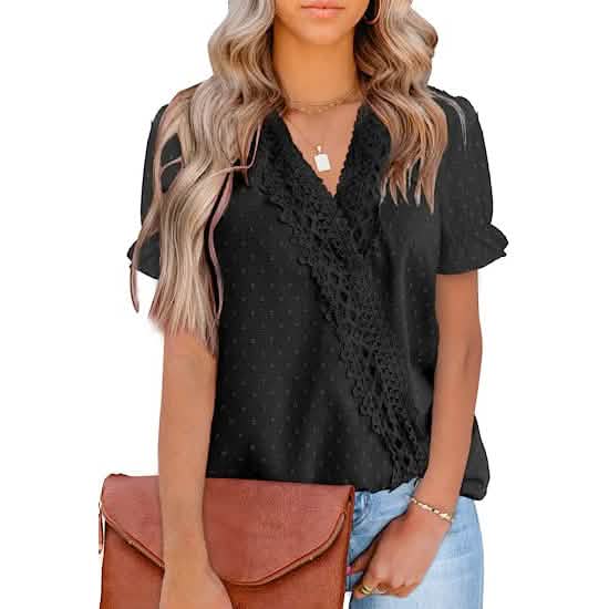 Women's Casual Lace Pom Pom V Neck Chiffon Short Sleeve Top Black Women's Tops - Tophatter Daily Deals