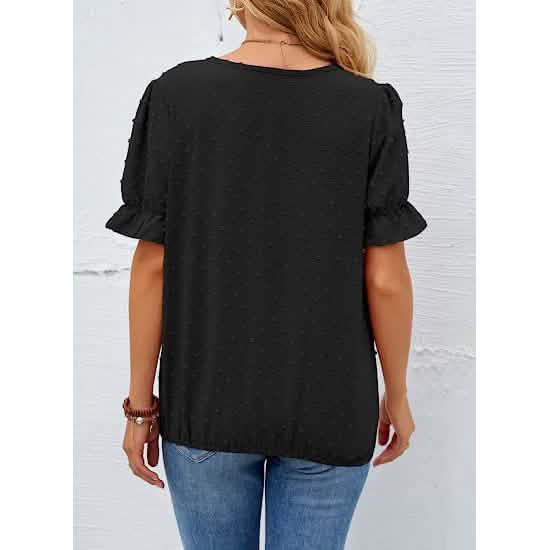 Women's Casual Lace Pom Pom V Neck Chiffon Short Sleeve Top Women's Tops - Tophatter Daily Deals
