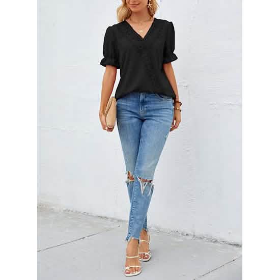 Women's Casual Lace Pom Pom V Neck Chiffon Short Sleeve Top Women's Tops - Tophatter Daily Deals
