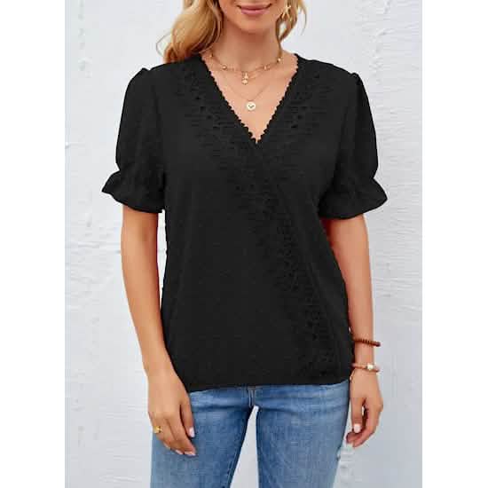 Women's Casual Lace Pom Pom V Neck Chiffon Short Sleeve Top Women's Tops - Tophatter Daily Deals