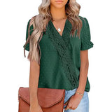 Women's Casual Lace Pom Pom V Neck Chiffon Short Sleeve Top Green Women's Tops - Tophatter Daily Deals