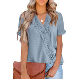 Women's Casual Lace Pom Pom V Neck Chiffon Short Sleeve Top Light Blue Women's Tops - Tophatter Daily Deals