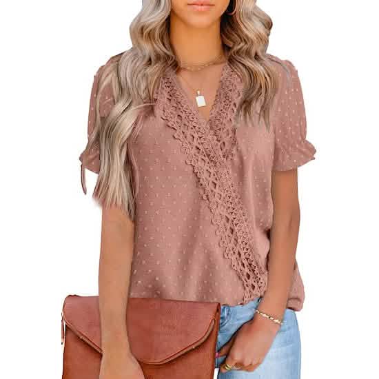 Women's Casual Lace Pom Pom V Neck Chiffon Short Sleeve Top Pink Women's Tops - Tophatter Daily Deals
