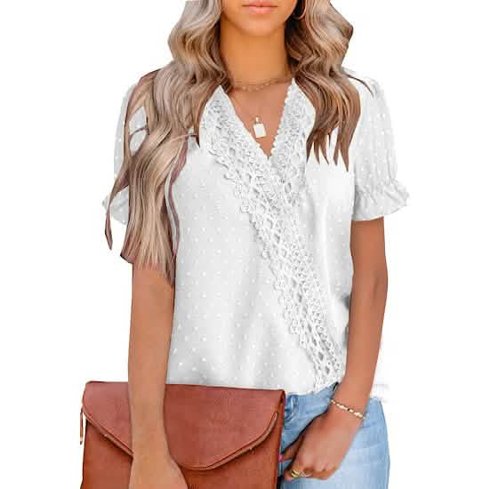 Women's Casual Lace Pom Pom V Neck Chiffon Short Sleeve Top White Women's Tops - Tophatter Daily Deals
