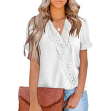 Women's Casual Lace Pom Pom V Neck Chiffon Short Sleeve Top White Women's Tops - Tophatter Daily Deals