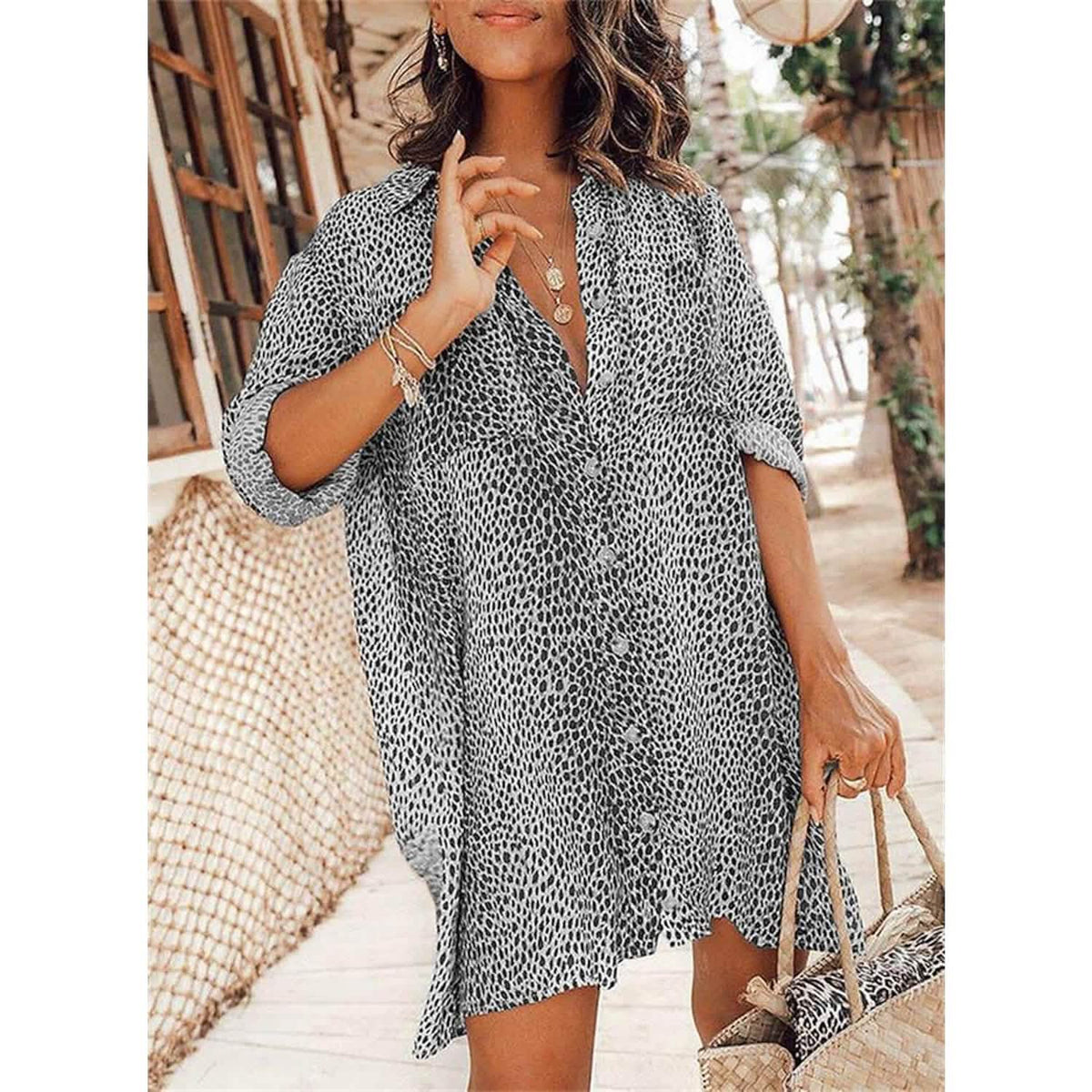 Women's Casual Leopard Print Shirt Dress Gray Women's Dresses - Tophatter Daily Deals