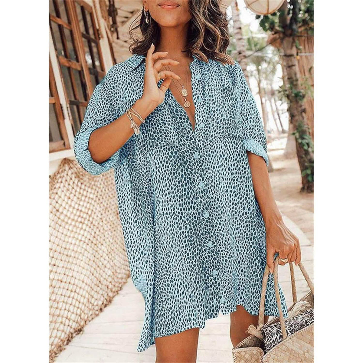 Women's Casual Leopard Print Shirt Dress Light Blue Women's Dresses - Tophatter Daily Deals