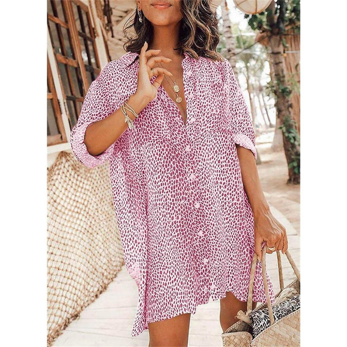 Women's Casual Leopard Print Shirt Dress Pink Women's Dresses - Tophatter Daily Deals