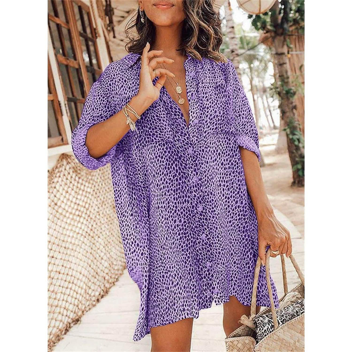 Women's Casual Leopard Print Shirt Dress Purple Women's Dresses - Tophatter Daily Deals