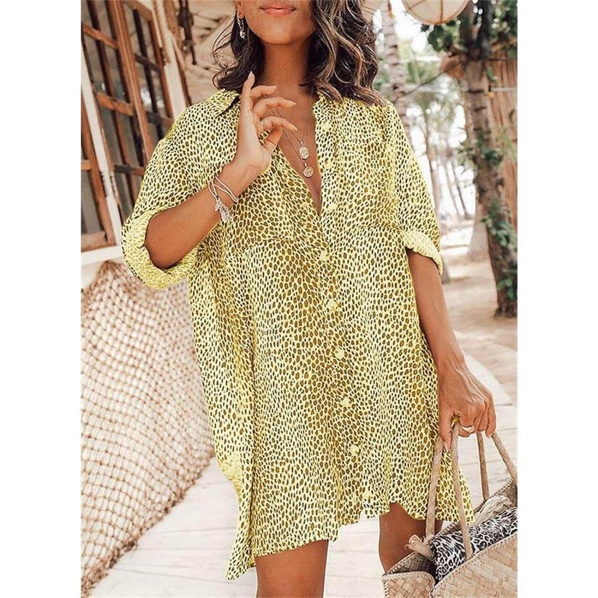 Women's Casual Leopard Print Shirt Dress Yellow Women's Dresses - Tophatter Daily Deals