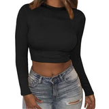 Women's Casual Round Neck Bottoming Long Sleeve Crop Top Black Women's Tops - Tophatter Daily Deals