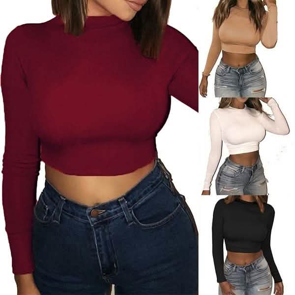 Women's Casual Round Neck Bottoming Long Sleeve Crop Top Women's Tops - Tophatter Daily Deals