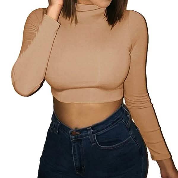 Women's Casual Round Neck Bottoming Long Sleeve Crop Top Khaki Women's Tops - Tophatter Daily Deals