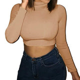 Women's Casual Round Neck Bottoming Long Sleeve Crop Top Khaki Women's Tops - Tophatter Daily Deals