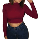 Women's Casual Round Neck Bottoming Long Sleeve Crop Top Wine Red Women's Tops - Tophatter Daily Deals