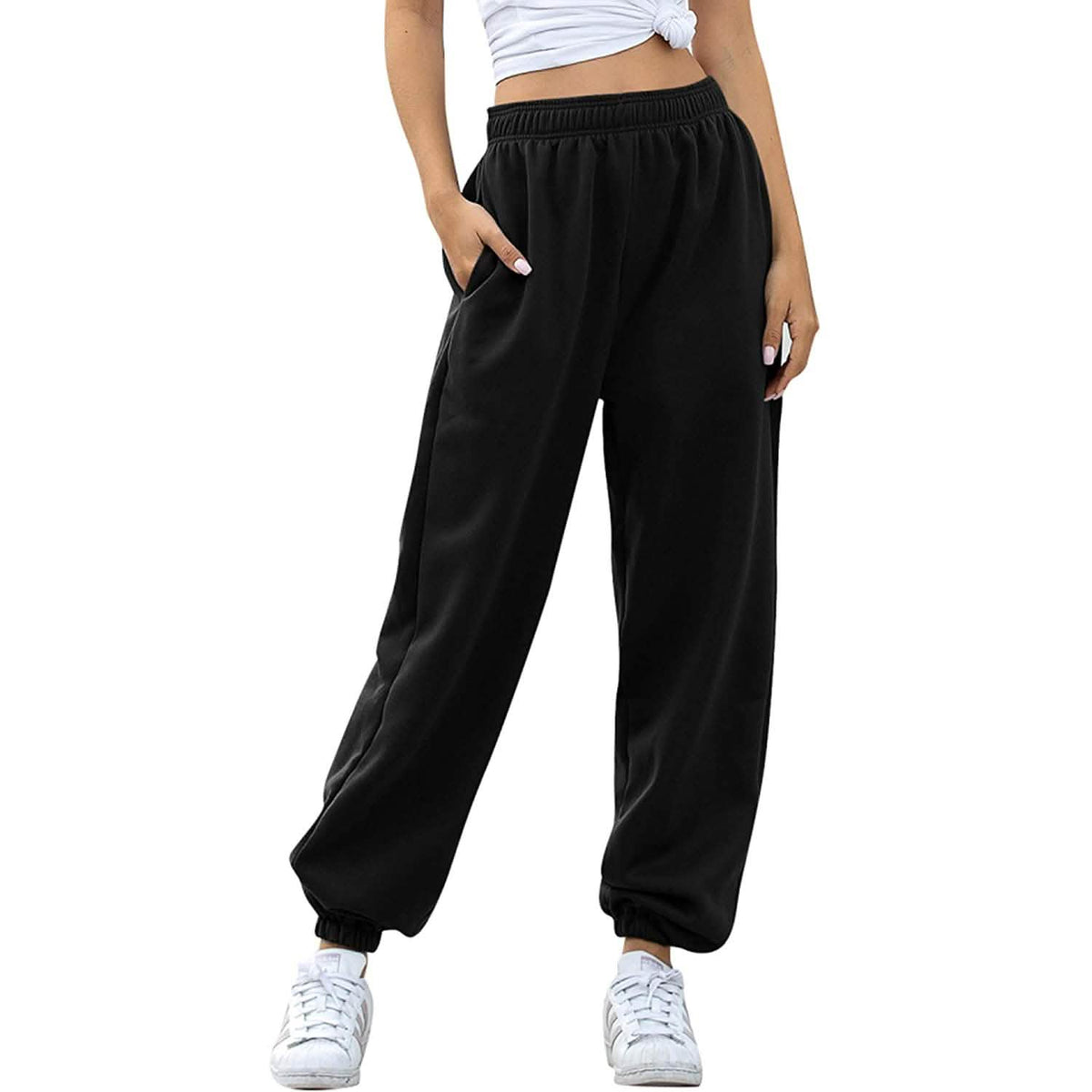 Women's Cinch Bottom Sweatpants Pockets High Waist Sporty Black Women's Bottoms - Tophatter Daily Deals