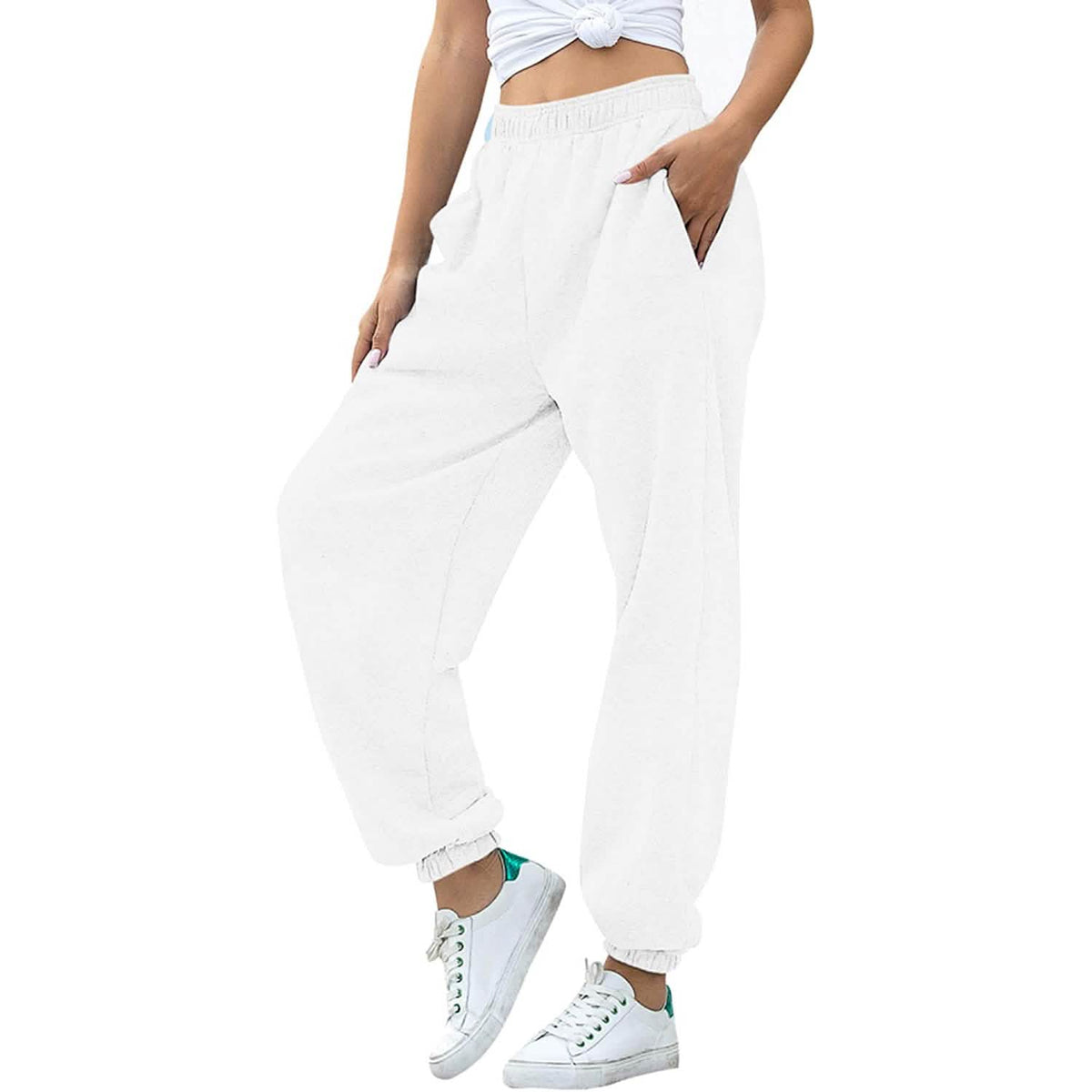 Women's Cinch Bottom Sweatpants Pockets High Waist Sporty White Women's Bottoms - Tophatter Daily Deals