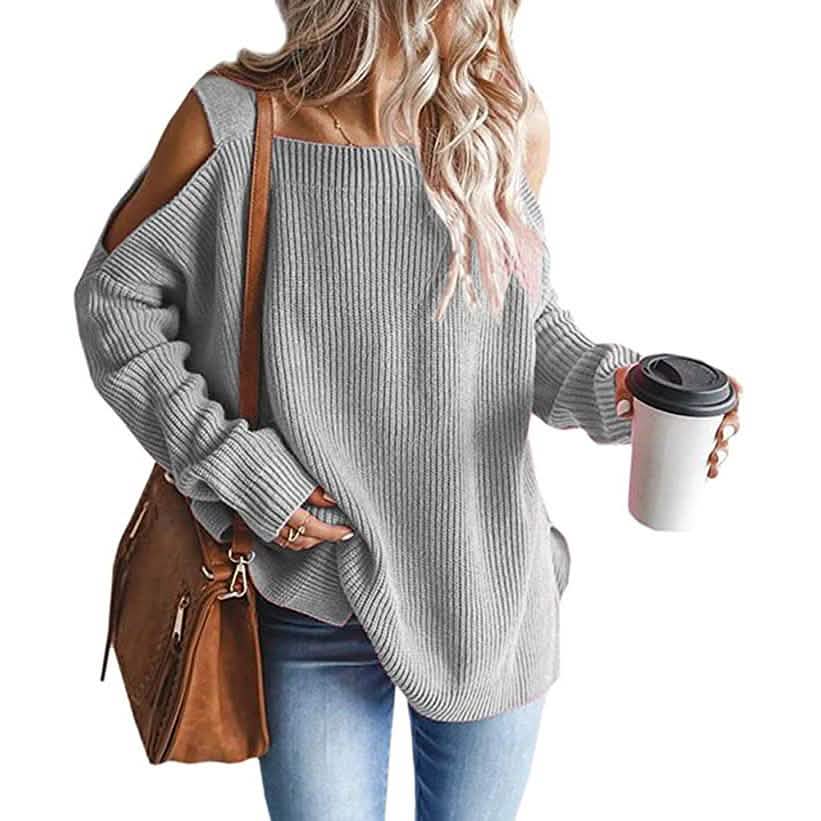 Women's Cold Shoulder Batwing Chunky Knitted Tunic Tops Gray Women's Tops - Tophatter Daily Deals