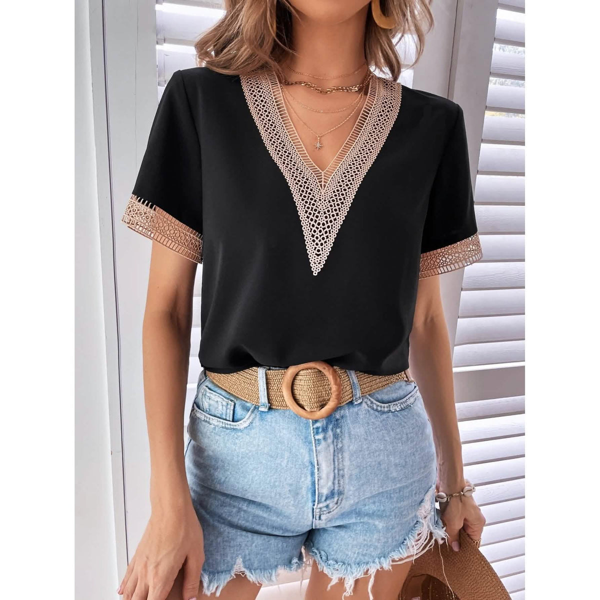 Women's Contrast Guipure Lace Blouse Black Women's Tops - Tophatter Daily Deals
