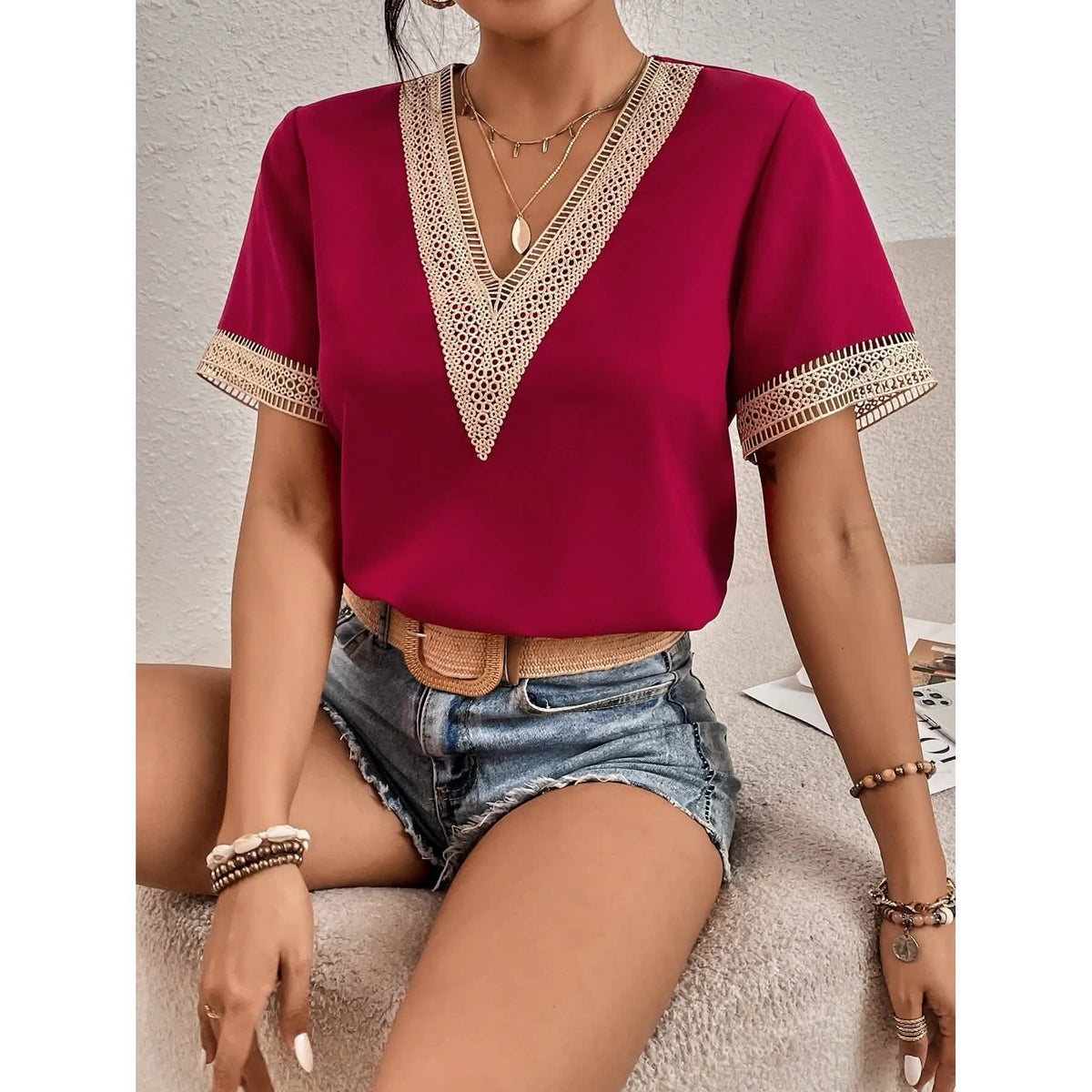 Women's Contrast Guipure Lace Blouse Women's Tops - Tophatter Daily Deals