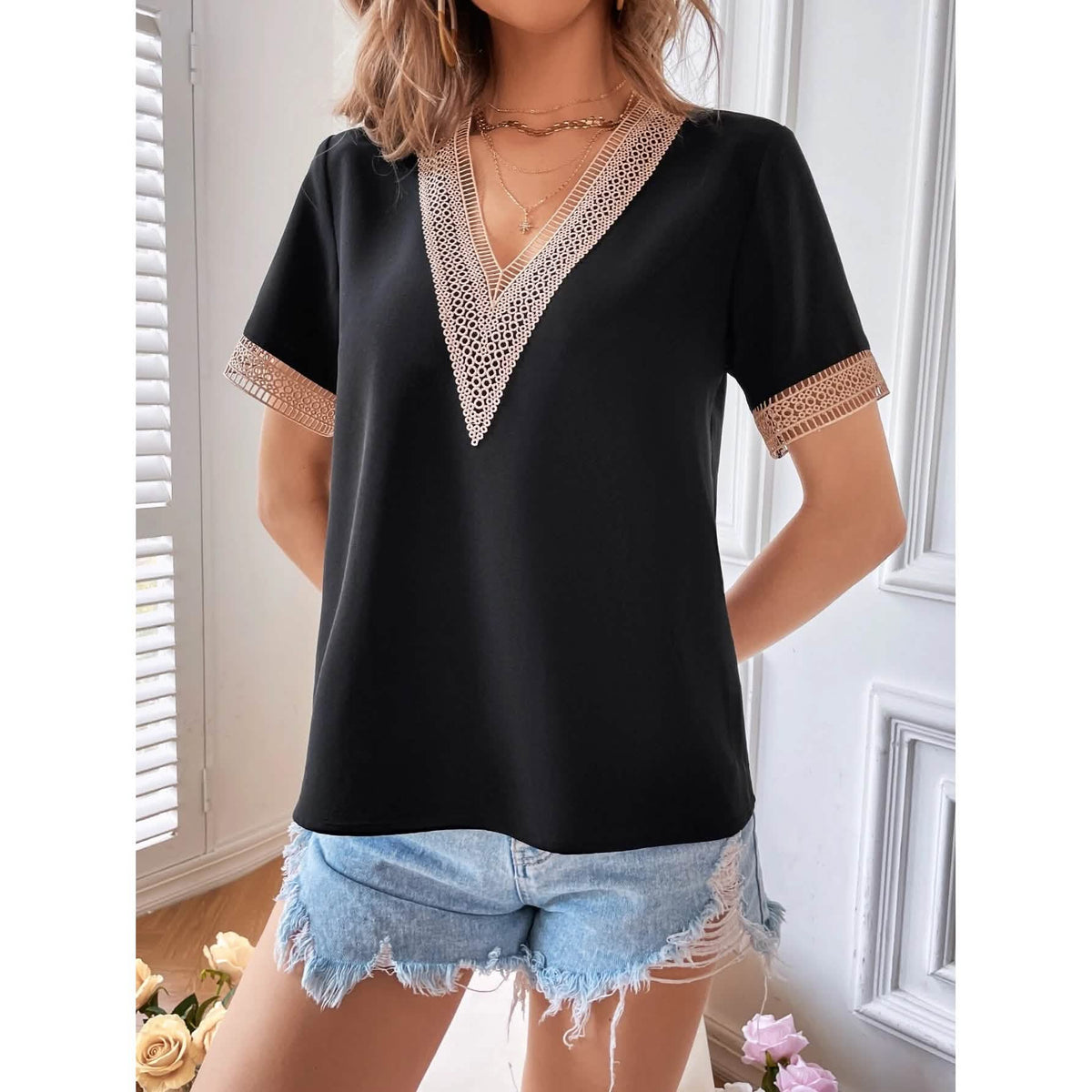 Women's Contrast Guipure Lace Blouse Women's Tops - Tophatter Daily Deals