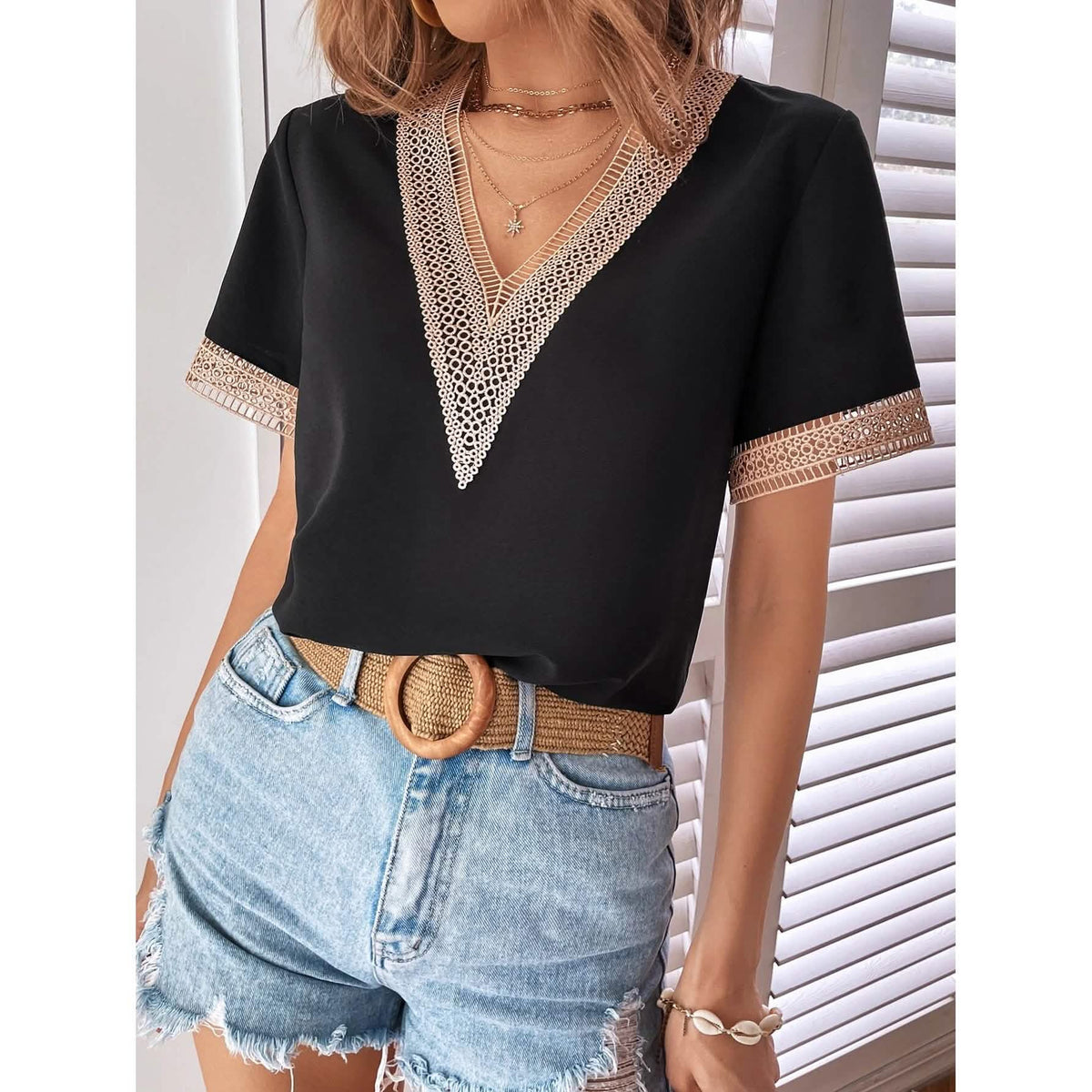 Women's Contrast Guipure Lace Blouse Women's Tops - Tophatter Daily Deals