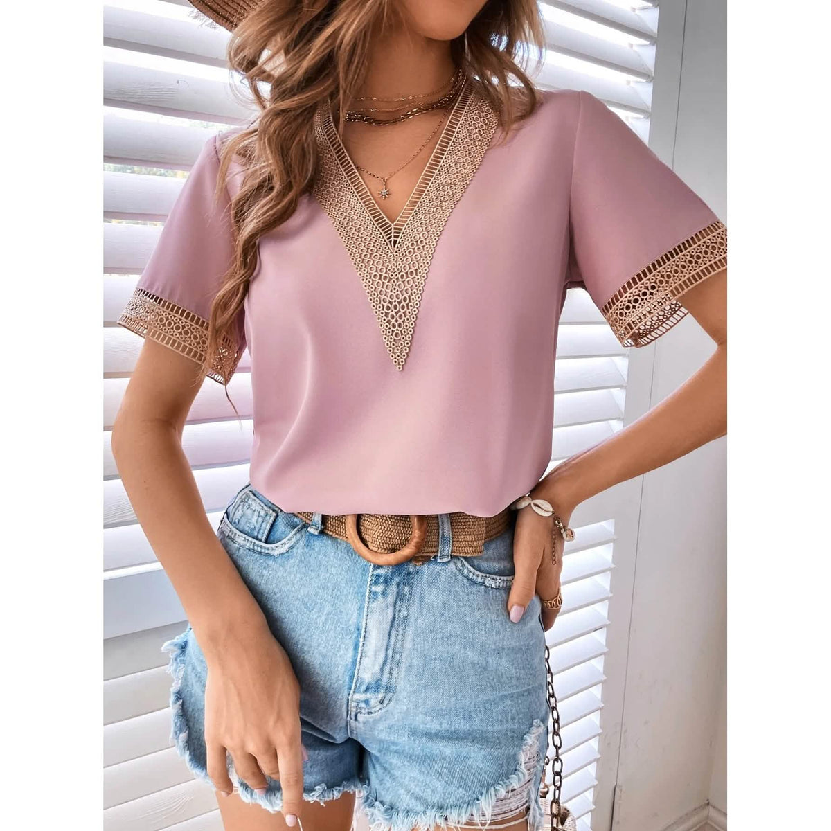 Women's Contrast Guipure Lace Blouse Pink Women's Tops - Tophatter Daily Deals