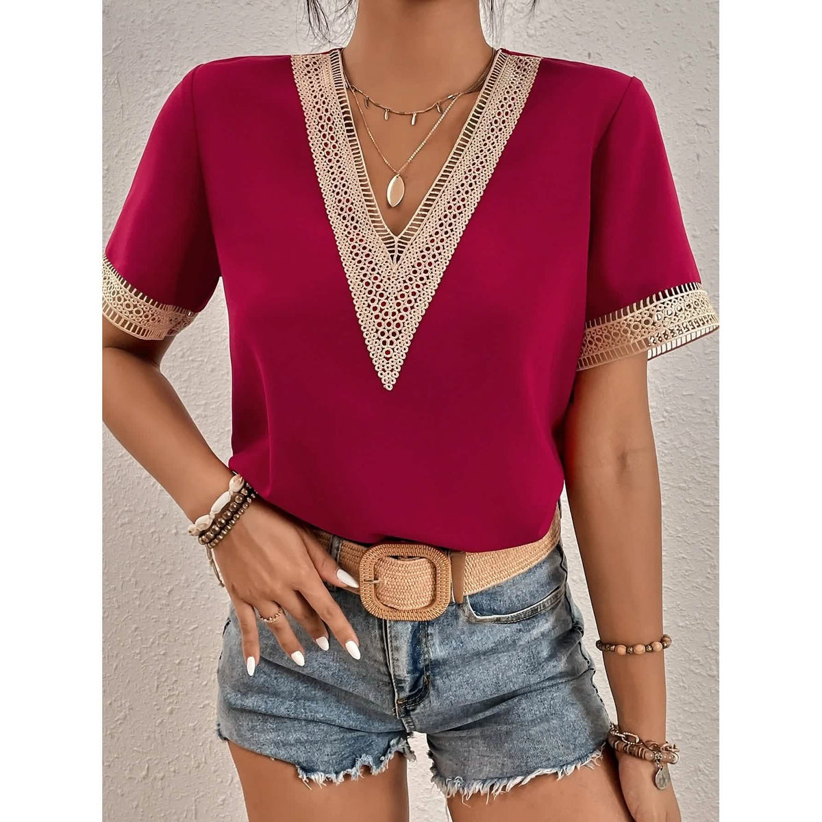 Women's Contrast Guipure Lace Blouse Red Women's Tops - Tophatter Daily Deals