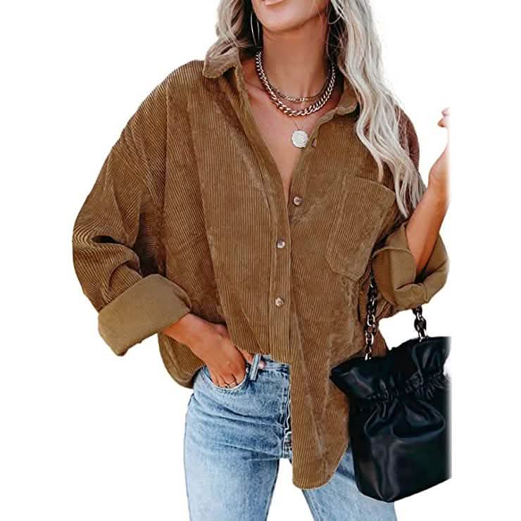 Women's Corduroy Shirts Casual Long Sleeve Top Brown Women's Tops - Tophatter Daily Deals