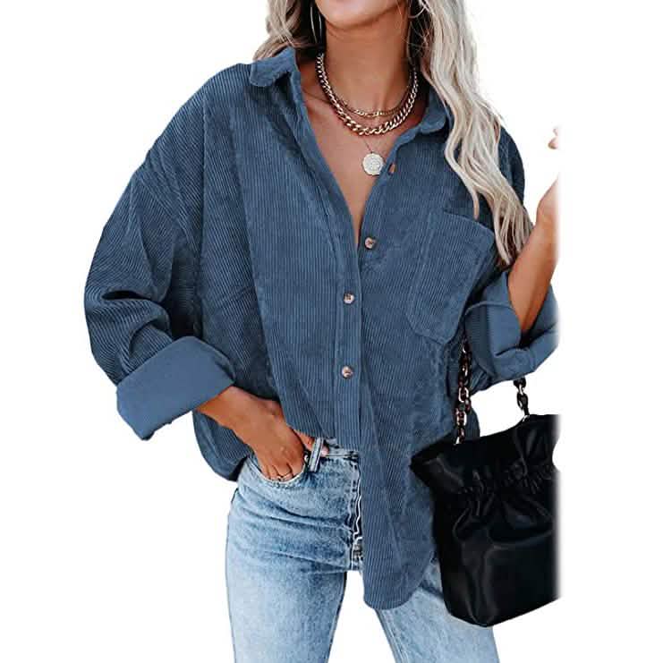 Women's Corduroy Shirts Casual Long Sleeve Top Sky Blue Women's Tops - Tophatter Daily Deals