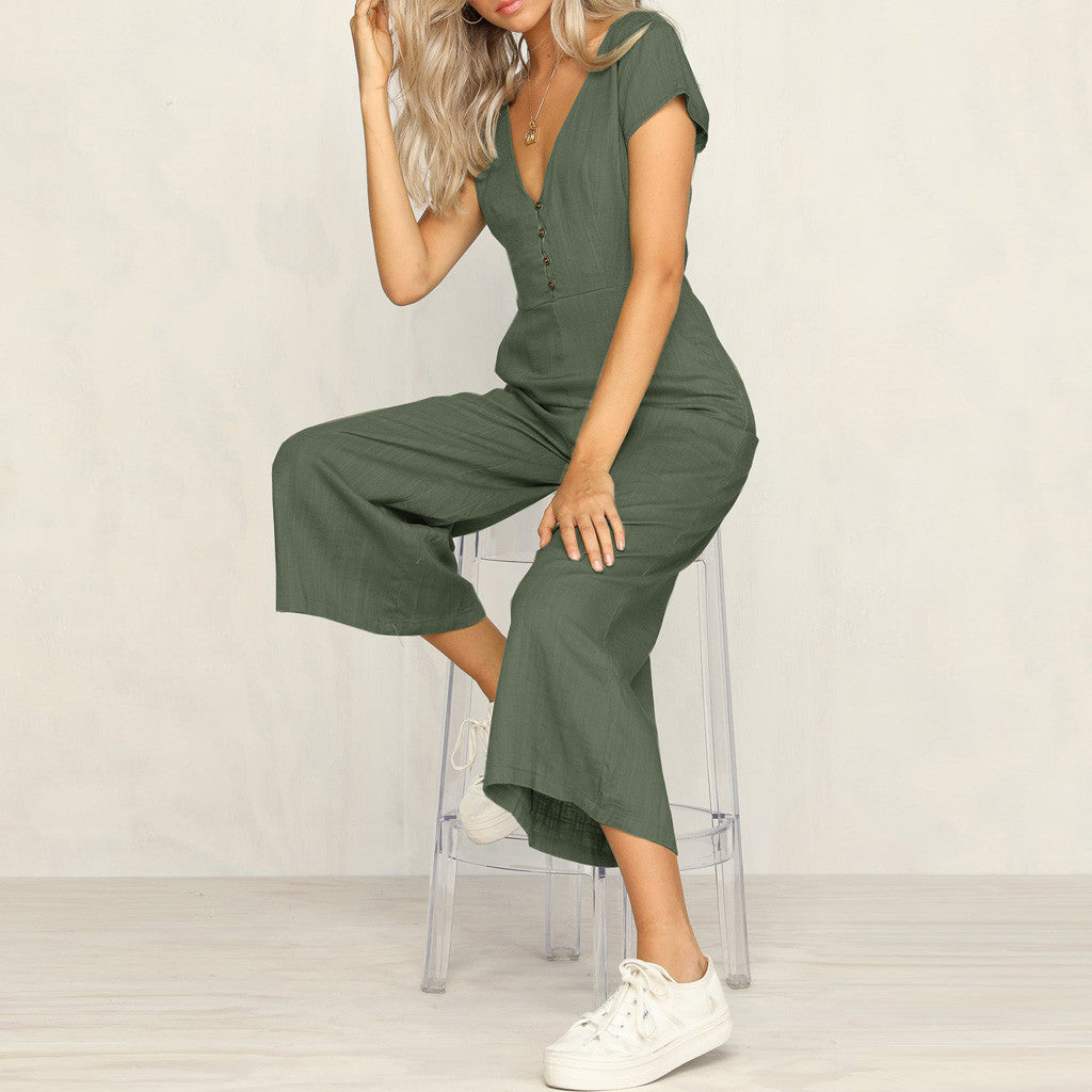 Women's Cotton And Linen Short Sleeve Jumpsuit Jumpsuit - Tophatter Daily Deals