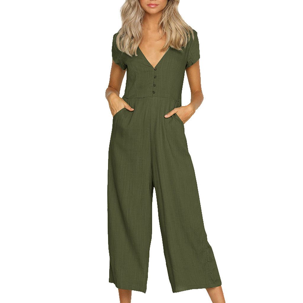 Women's Cotton And Linen Short Sleeve Jumpsuit Jumpsuit - Tophatter Daily Deals