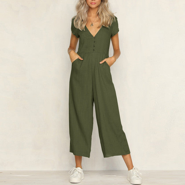 Women's Cotton And Linen Short Sleeve Jumpsuit Green Jumpsuit - Tophatter Daily Deals