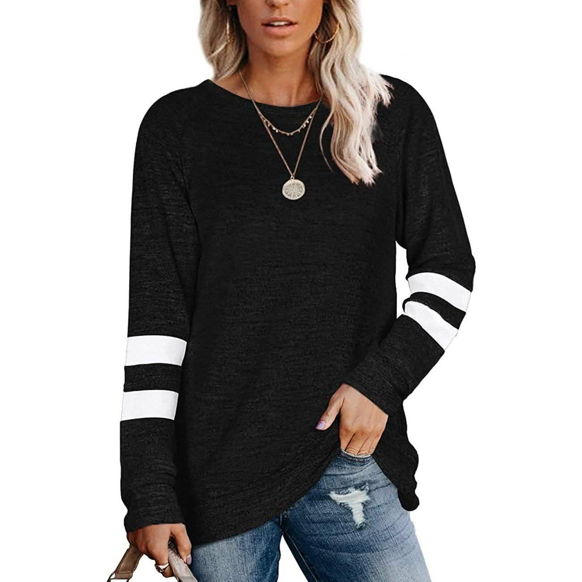 Women's Crewneck Sweatshirts Long Sleeve Sweaters Tunic Tops Black Women's Tops - Tophatter Daily Deals