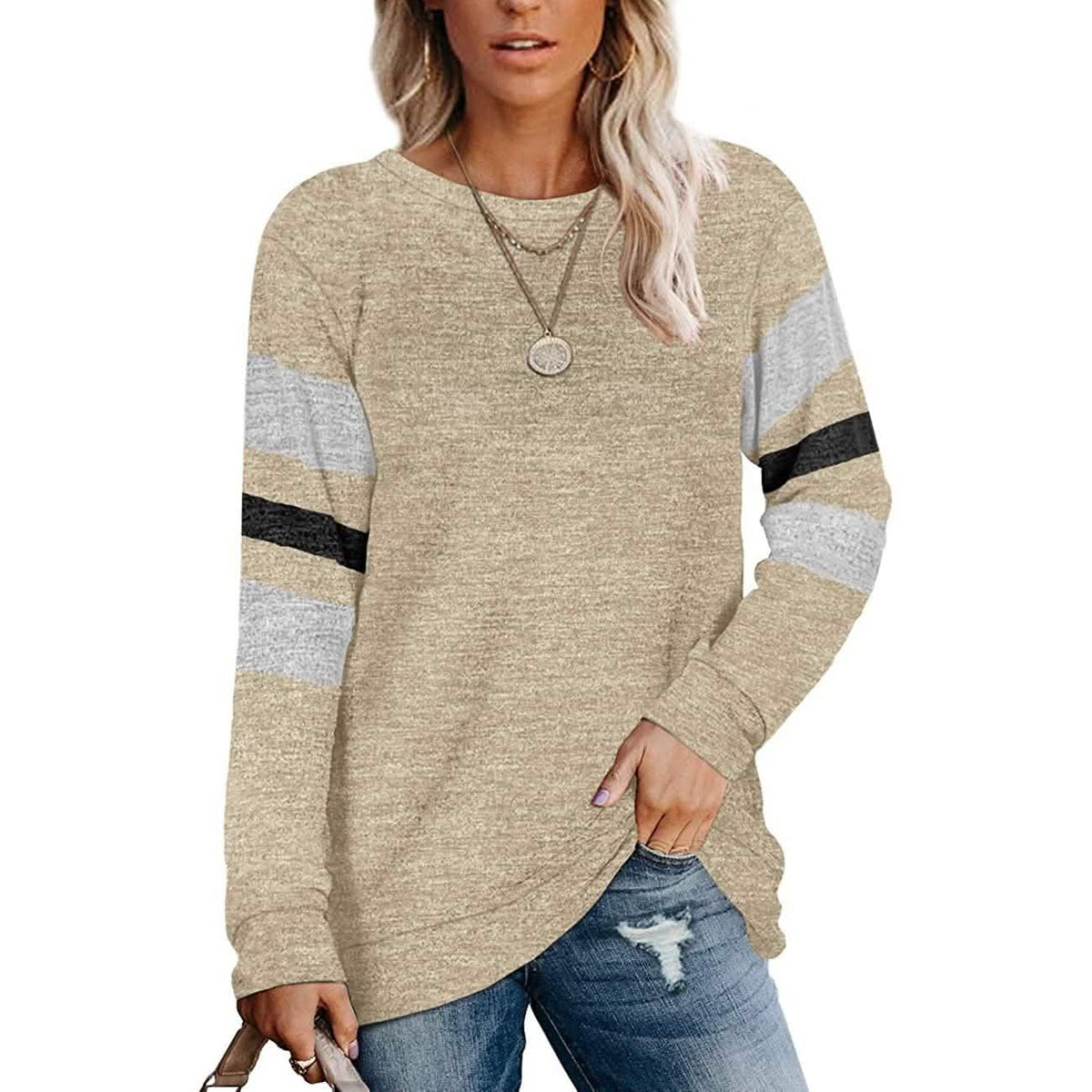 Women's Crewneck Sweatshirts Long Sleeve Sweaters Tunic Tops Khaki Women's Tops - Tophatter Daily Deals