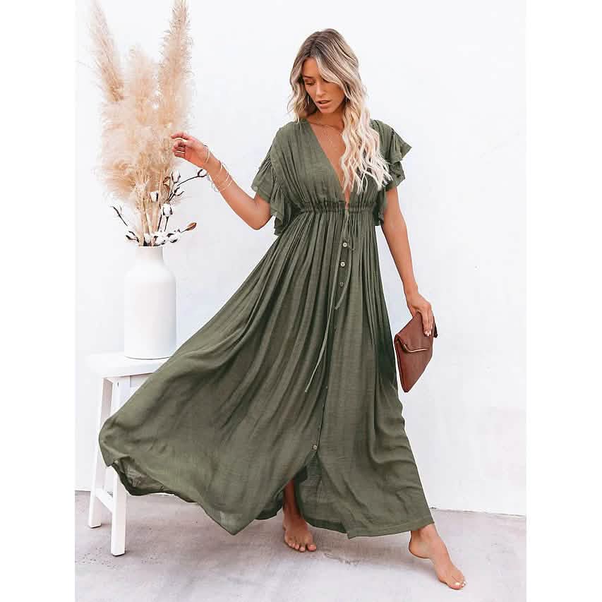 Women's Deep V Vacation Sexy Loose Dress Army Green Women's Dresses - Tophatter Daily Deals