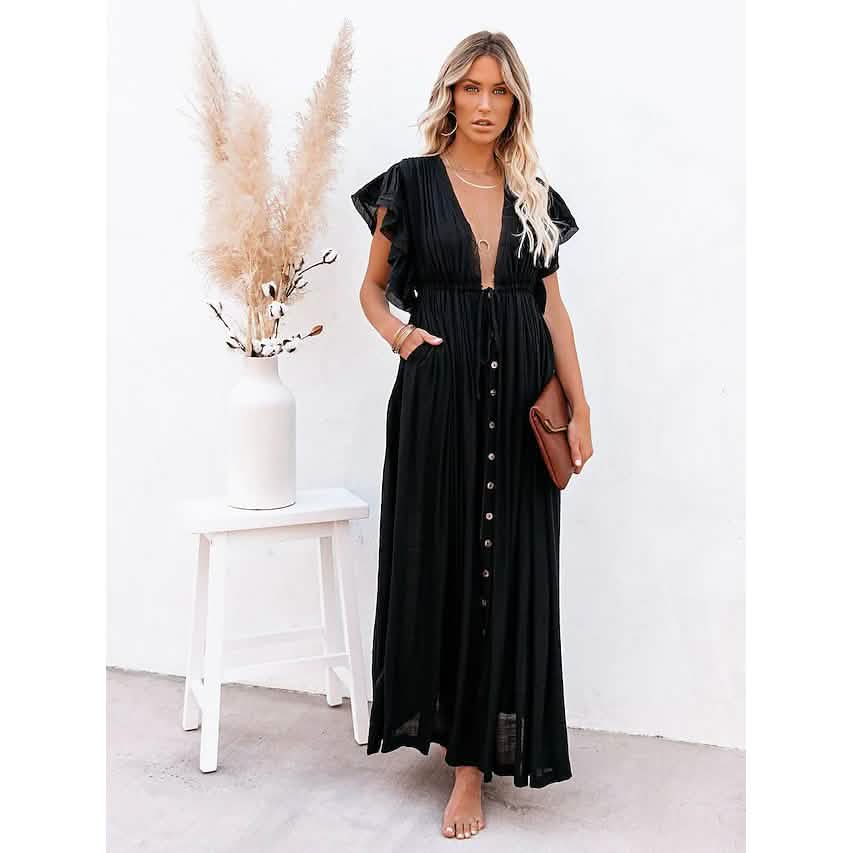 Women's Deep V Vacation Sexy Loose Dress Black Women's Dresses - Tophatter Daily Deals