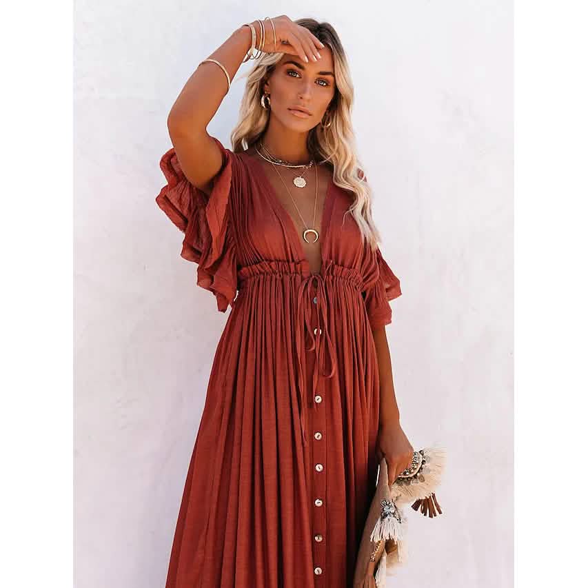 Women's Deep V Vacation Sexy Loose Dress Rust Women's Dresses - Tophatter Daily Deals