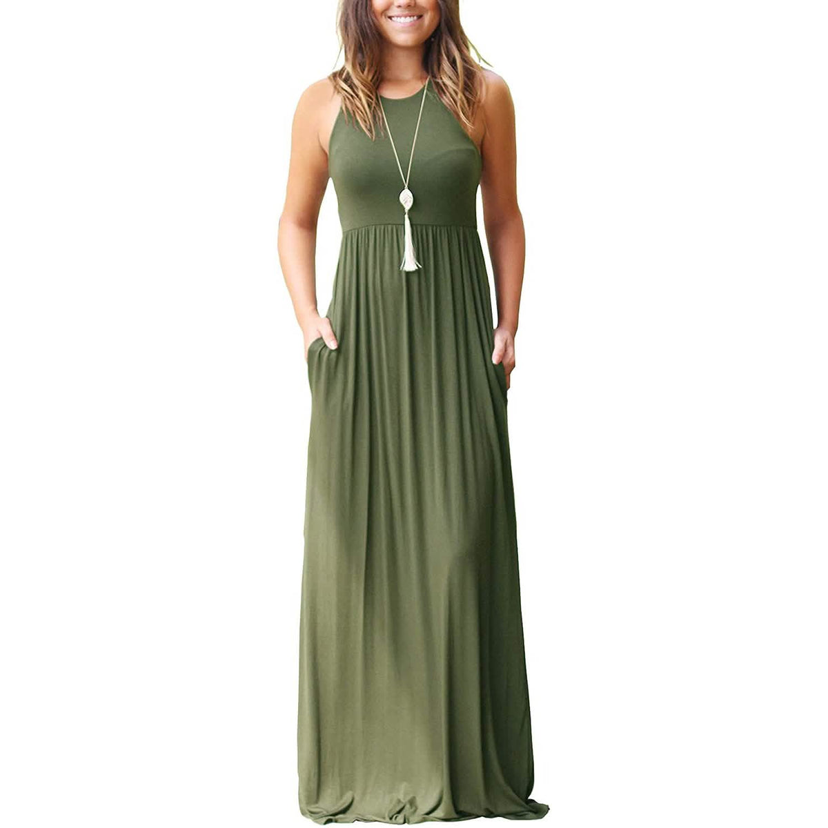 Women's Fashion Summer Sleeveless Racerback Loose Plain Maxi Dresses Army Green Women's Dresses - Tophatter Daily Deals