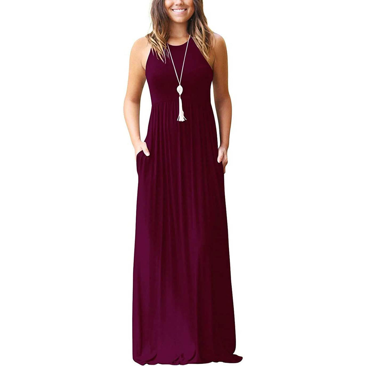 Women's Fashion Summer Sleeveless Racerback Loose Plain Maxi Dresses Wine Red Women's Dresses - Tophatter Daily Deals
