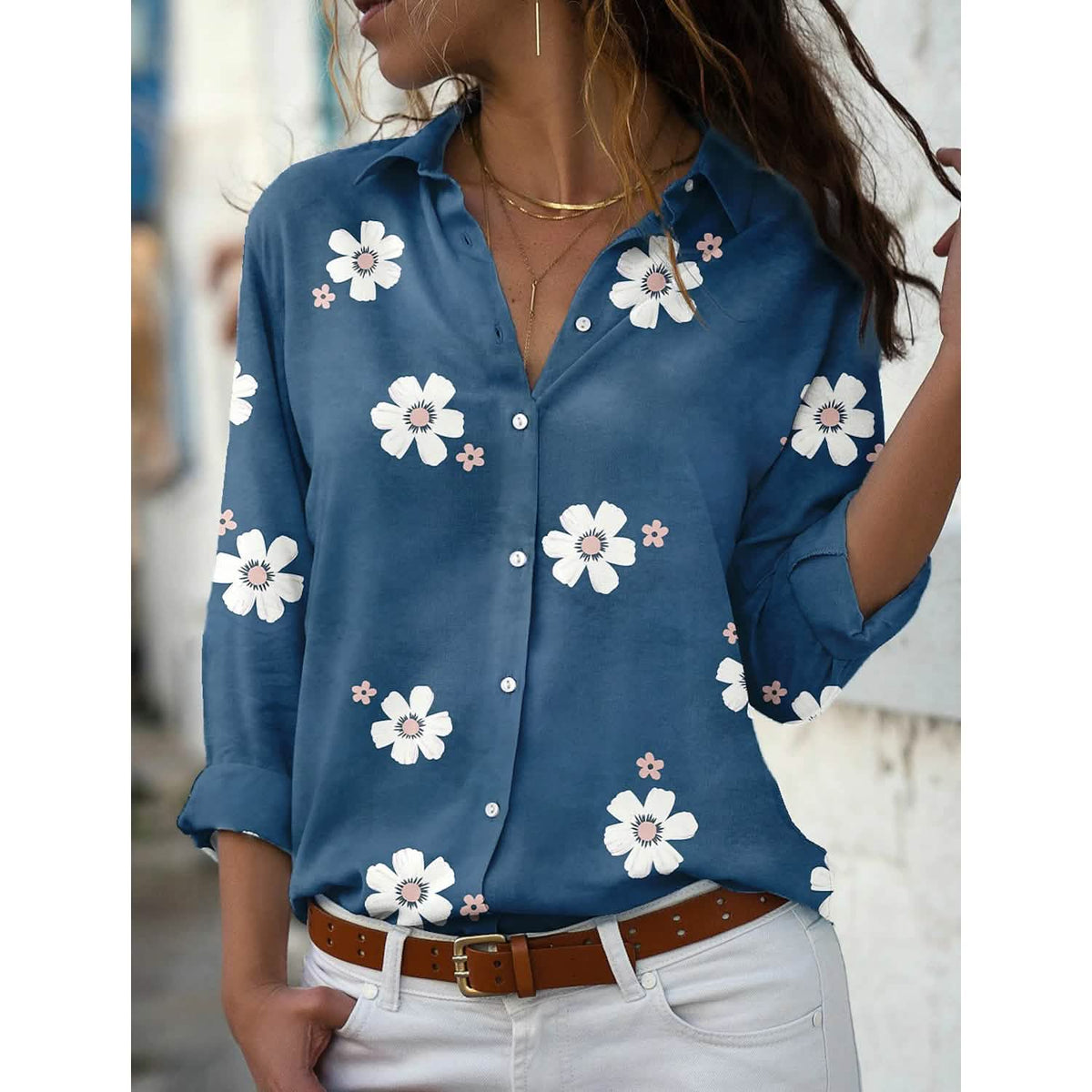 Women's Floral Button Themed Shirt Top Blue Women's Tops - Tophatter Daily Deals