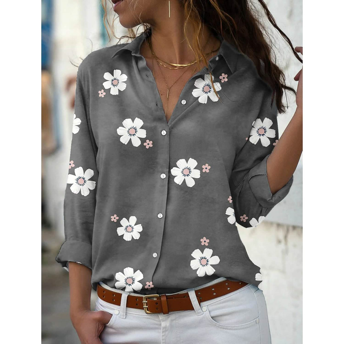 Women's Floral Button Themed Shirt Top Gray Women's Tops - Tophatter Daily Deals