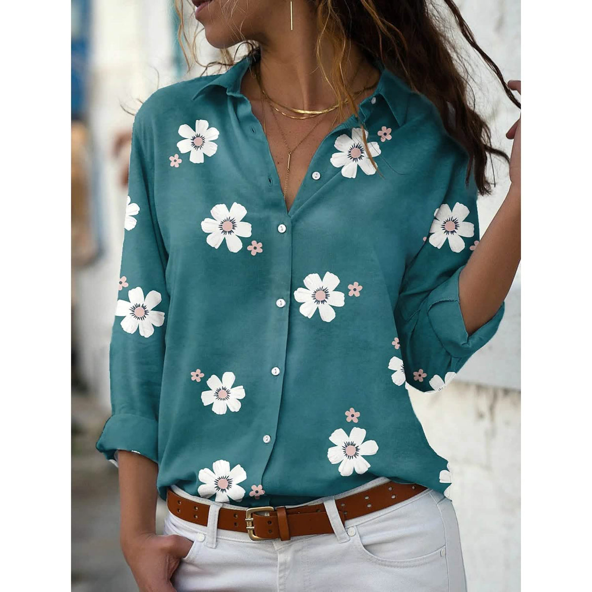 Women's Floral Button Themed Shirt Top Green Women's Tops - Tophatter Daily Deals
