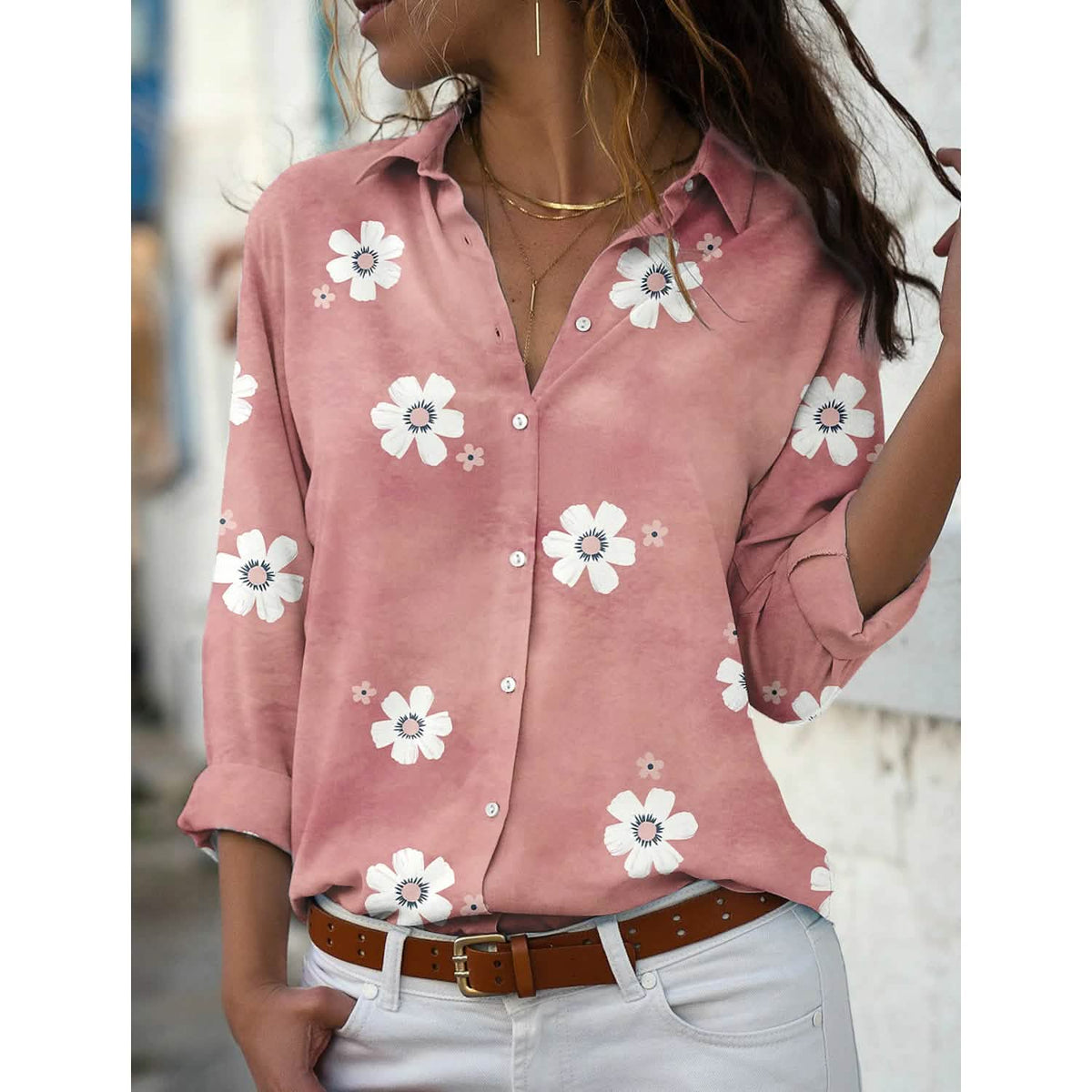 Women's Floral Button Themed Shirt Top Pink Women's Tops - Tophatter Daily Deals