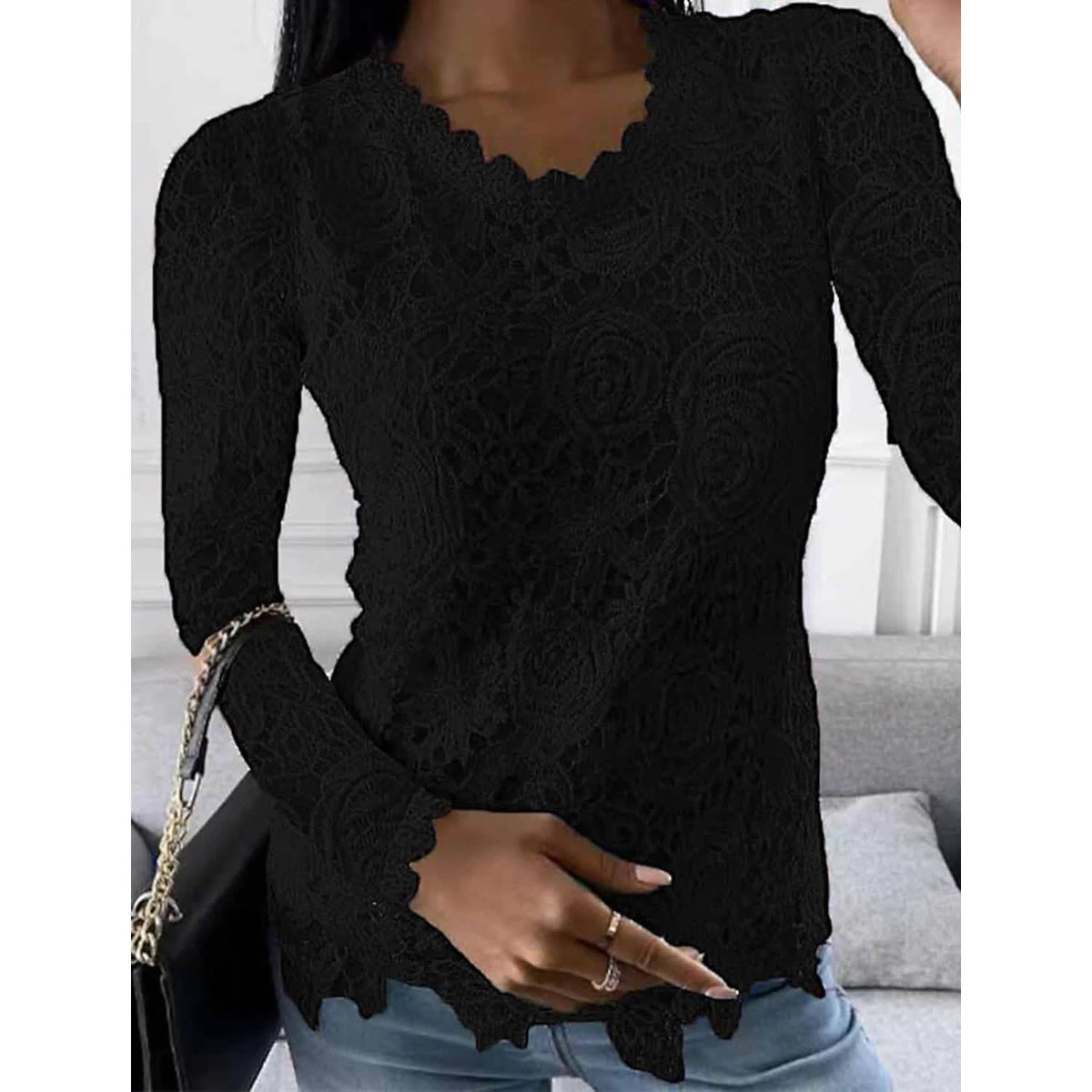 Women's Floral Lace Long Sleeve Blouse Shirt Black Women's Tops - Tophatter Daily Deals