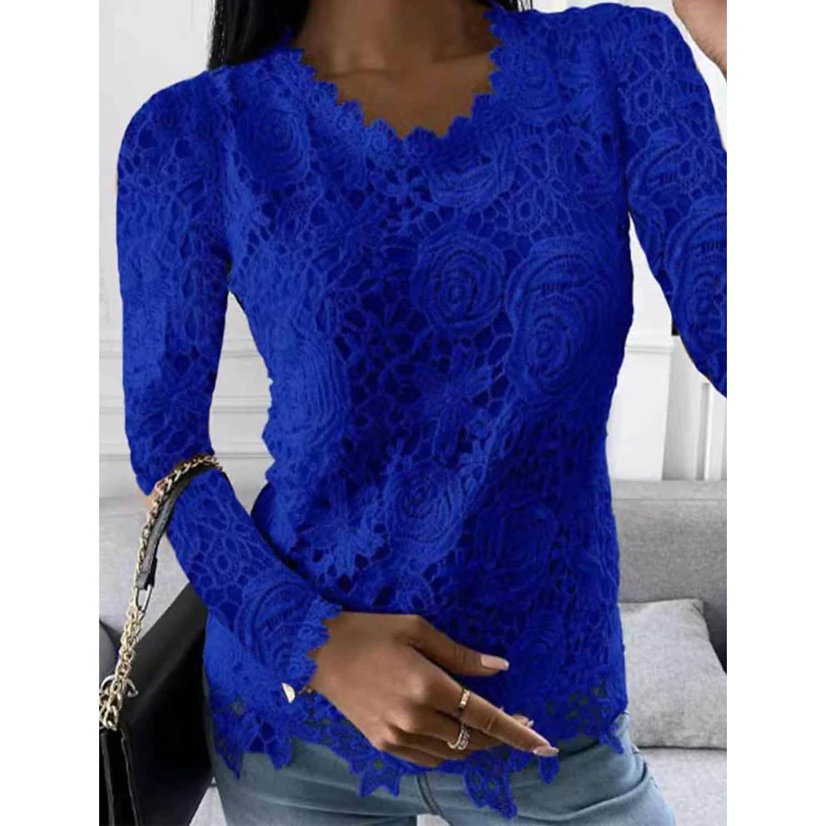 Women's Floral Lace Long Sleeve Blouse Shirt Blue Women's Tops - Tophatter Daily Deals